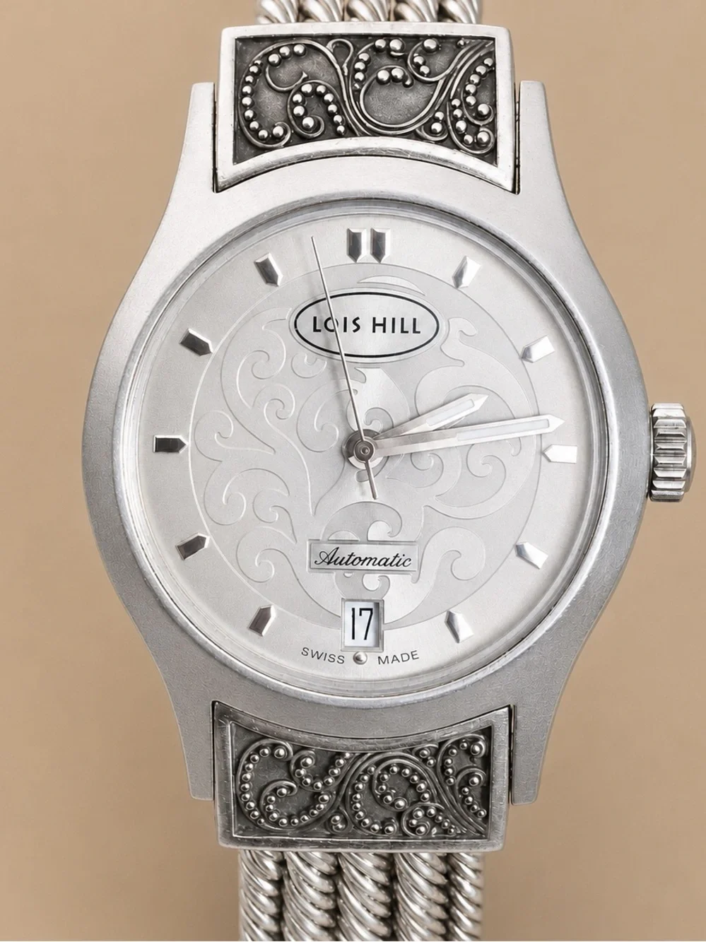 LOIS HILL Automatic Grey Round Sterling Silver Watch